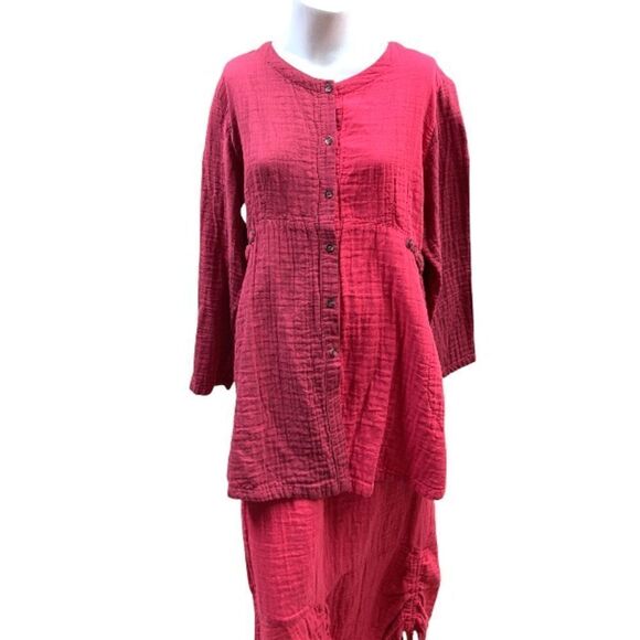 Kleen Thick Rumpled Cotton Lagenlook Multi Pink Button Down Tunic Maxi Skirt Set - Picture 3 of 11